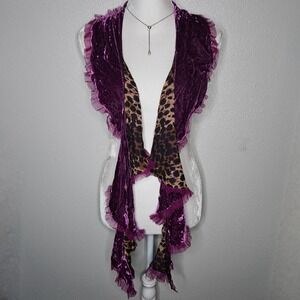 Betsey Johnson Silk Velvet Leopard Print Ruffle Scarf Purple Y2K Gothic Vintage